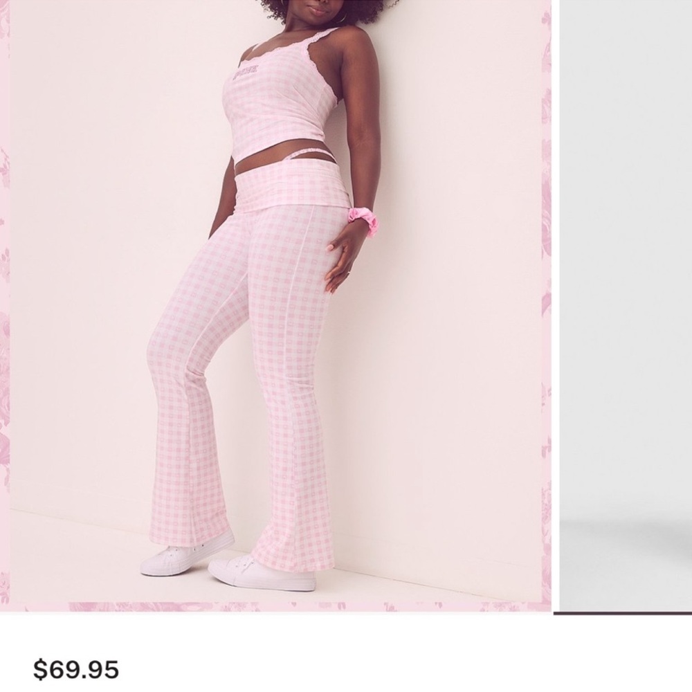 LoveShackFancy Pink Collab Plaid Flared Leggings